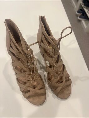 Franco Sarto Taupe Suede Lace-Up Strappy Heels